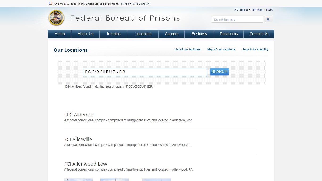 BOP: Search Locations - Federal Bureau of Prisons